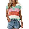 image:imageSHEWIN Womens Tops V Neck Short Sleeve Sweater Striped Color Block Pullover Cap Sleeve ShirtsOrange