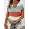 image:imageSHEWIN Womens Tops V Neck Short Sleeve Sweater Striped Color Block Pullover Cap Sleeve ShirtsOrange