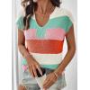 image:imageSHEWIN Womens Tops V Neck Short Sleeve Sweater Striped Color Block Pullover Cap Sleeve ShirtsOrange