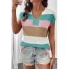 image:imageSHEWIN Womens Tops V Neck Short Sleeve Sweater Striped Color Block Pullover Cap Sleeve ShirtsPink Stripe