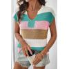 image:imageSHEWIN Womens Tops V Neck Short Sleeve Sweater Striped Color Block Pullover Cap Sleeve ShirtsPink Stripe