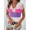 image:imageSHEWIN Womens Tops V Neck Short Sleeve Sweater Striped Color Block Pullover Cap Sleeve ShirtsRose Red