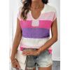 image:imageSHEWIN Womens Tops V Neck Short Sleeve Sweater Striped Color Block Pullover Cap Sleeve ShirtsRose Red