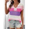 image:imageSHEWIN Womens Tops V Neck Short Sleeve Sweater Striped Color Block Pullover Cap Sleeve ShirtsRose Red