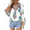 image:imageSHEWIN Womens Blouses Casual V Neck Long Sleeve Floral Print Chiffon Crochet Trim Tops ShirtsFloral White B