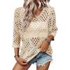 image:imageSHEWIN Womens Summer Tops Hollow Out Beach Crochet Cover Ups V Neck 34 Sleeve Pullover Sweater ShirtsBeige