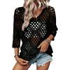 image:imageSHEWIN Womens Summer Tops Hollow Out Beach Crochet Cover Ups V Neck 34 Sleeve Pullover Sweater ShirtsBlack