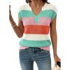 image:imageSHEWIN Womens Tops V Neck Short Sleeve Sweater Striped Color Block Pullover Cap Sleeve ShirtsOrange