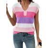 image:imageSHEWIN Womens Tops V Neck Short Sleeve Sweater Striped Color Block Pullover Cap Sleeve ShirtsRose Red
