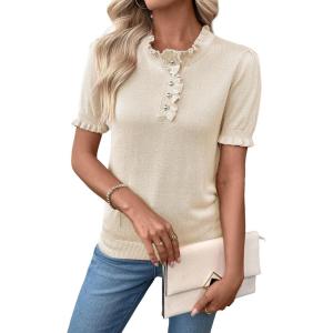 image:imageSHEWIN Women Short Sleeve Sweater Ruffle Dressy Business Casual Tops 2026Beige