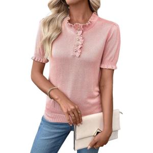 image:imageSHEWIN Women Short Sleeve Sweater Ruffle Dressy Business Casual Tops 2026Pink