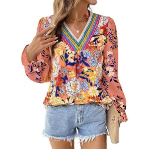 image:imageSHEWIN Womens Blouses Casual V Neck Long Sleeve Floral Print Chiffon Crochet Trim Tops ShirtsFloral Pink