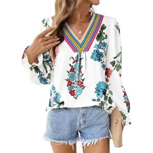 image:imageSHEWIN Womens Blouses Casual V Neck Long Sleeve Floral Print Chiffon Crochet Trim Tops ShirtsFloral White B
