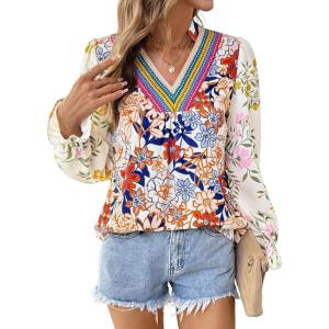 image:imageSHEWIN Womens Blouses Casual V Neck Long Sleeve Floral Print Chiffon Crochet Trim Tops ShirtsFloral White a