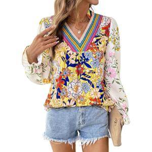 image:imageSHEWIN Womens Blouses Casual V Neck Long Sleeve Floral Print Chiffon Crochet Trim Tops ShirtsFloral Yellow