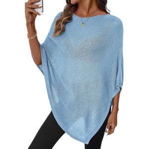 image:imageSHEWIN Womens Sheer Knit Poncho Crochet Summer Tops See Through Mesh Spring Sweaters Beach Cover Ups for Women 2026Beau Blue