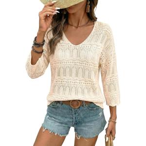 image:imageSHEWIN Womens Spring Tops Crochet 34 Length Sleeve Pullover Sweater Oversized Summer Shirts Trendy Beach Vacation ClothesBeige