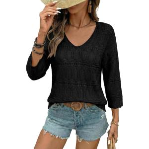 image:imageSHEWIN Womens Spring Tops Crochet 34 Length Sleeve Pullover Sweater Oversized Summer Shirts Trendy Beach Vacation ClothesBlack