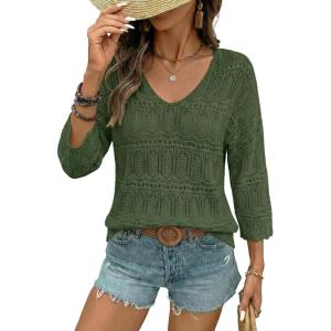 image:imageSHEWIN Womens Spring Tops Crochet 34 Length Sleeve Pullover Sweater Oversized Summer Shirts Trendy Beach Vacation ClothesGreen