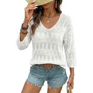 image:imageSHEWIN Womens Spring Tops Crochet 34 Length Sleeve Pullover Sweater Oversized Summer Shirts Trendy Beach Vacation ClothesWhite