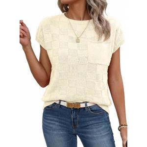image:imageSHEWIN Womens Spring Tops for Women Casual Crewneck Short Sleeve Shirts Cap Sleeve Knit Sweater Vest Summer TopsBeige