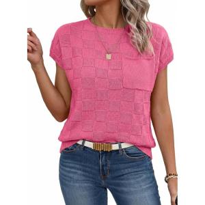 image:imageSHEWIN Womens Spring Tops for Women Casual Crewneck Short Sleeve Shirts Cap Sleeve Knit Sweater Vest Summer TopsBright Pink
