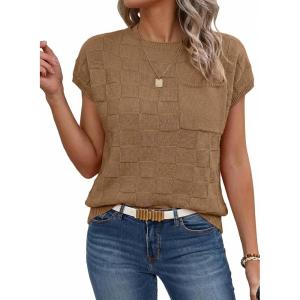 image:imageSHEWIN Womens Spring Tops for Women Casual Crewneck Short Sleeve Shirts Cap Sleeve Knit Sweater Vest Summer TopsCamel