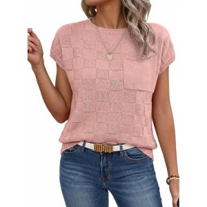 image:imageSHEWIN Womens Spring Tops for Women Casual Crewneck Short Sleeve Shirts Cap Sleeve Knit Sweater Vest Summer TopsDusty Pink