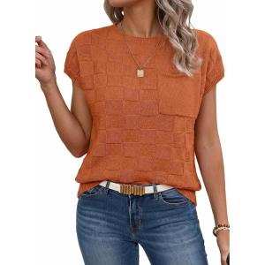 image:imageSHEWIN Womens Spring Tops for Women Casual Crewneck Short Sleeve Shirts Cap Sleeve Knit Sweater Vest Summer TopsGold Flame