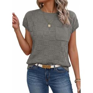 image:imageSHEWIN Womens Spring Tops for Women Casual Crewneck Short Sleeve Shirts Cap Sleeve Knit Sweater Vest Summer TopsGray