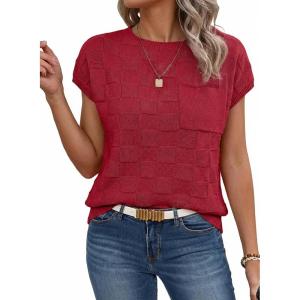 image:imageSHEWIN Womens Spring Tops for Women Casual Crewneck Short Sleeve Shirts Cap Sleeve Knit Sweater Vest Summer TopsRacing Red