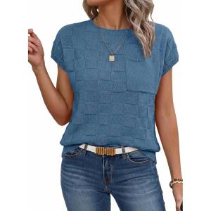 image:imageSHEWIN Womens Spring Tops for Women Casual Crewneck Short Sleeve Shirts Cap Sleeve Knit Sweater Vest Summer TopsSail Blue