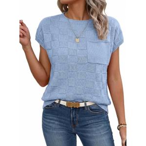 image:imageSHEWIN Womens Spring Tops for Women Casual Crewneck Short Sleeve Shirts Cap Sleeve Knit Sweater Vest Summer TopsSky Blue