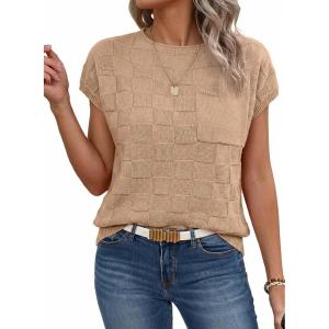 image:imageSHEWIN Womens Spring Tops for Women Casual Crewneck Short Sleeve Shirts Cap Sleeve Knit Sweater Vest Summer TopsSmoke Gray