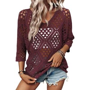 image:imageSHEWIN Womens Summer Tops Hollow Out Beach Crochet Cover Ups V Neck 34 Sleeve Pullover Sweater ShirtsBurgundy