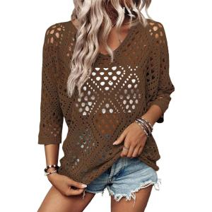 image:imageSHEWIN Womens Summer Tops Hollow Out Beach Crochet Cover Ups V Neck 34 Sleeve Pullover Sweater ShirtsCoffee