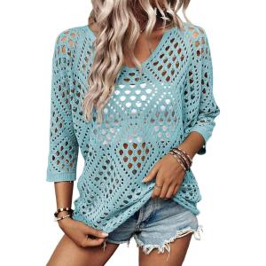 image:imageSHEWIN Womens Summer Tops Hollow Out Beach Crochet Cover Ups V Neck 34 Sleeve Pullover Sweater ShirtsIceland Blue