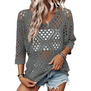 image:imageSHEWIN Womens Summer Tops Hollow Out Beach Crochet Cover Ups V Neck 34 Sleeve Pullover Sweater ShirtsMedium Grey