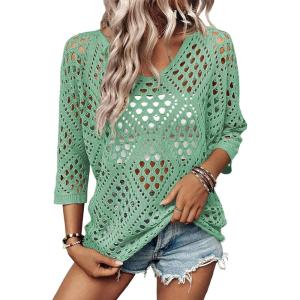 image:imageSHEWIN Womens Summer Tops Hollow Out Beach Crochet Cover Ups V Neck 34 Sleeve Pullover Sweater ShirtsMint Green