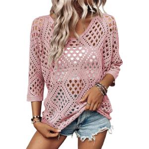image:imageSHEWIN Womens Summer Tops Hollow Out Beach Crochet Cover Ups V Neck 34 Sleeve Pullover Sweater ShirtsPink