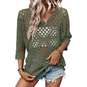 image:imageSHEWIN Womens Summer Tops Hollow Out Beach Crochet Cover Ups V Neck 34 Sleeve Pullover Sweater ShirtsVineyard Green