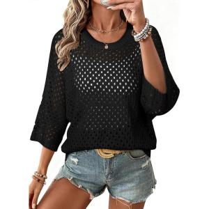 image:imageSHEWIN Womens Sweaters Crew Neck 34 Length Sleeve Crochet Tops Knit Beach Cover Ups Spring Outfits for WomenBlack