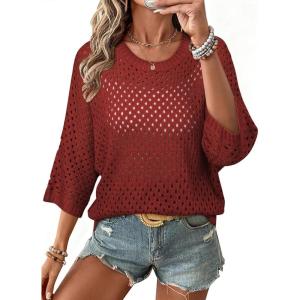 image:imageSHEWIN Womens Sweaters Crew Neck 34 Length Sleeve Crochet Tops Knit Beach Cover Ups Spring Outfits for WomenBurgundy
