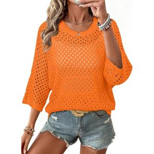 image:imageSHEWIN Womens Sweaters Crew Neck 34 Length Sleeve Crochet Tops Knit Beach Cover Ups Spring Outfits for WomenOrange