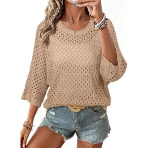 image:imageSHEWIN Womens Sweaters Crew Neck 34 Length Sleeve Crochet Tops Knit Beach Cover Ups Spring Outfits for WomenParchment