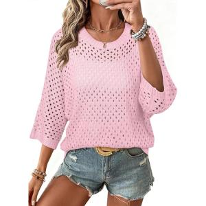 image:imageSHEWIN Womens Sweaters Crew Neck 34 Length Sleeve Crochet Tops Knit Beach Cover Ups Spring Outfits for WomenPink