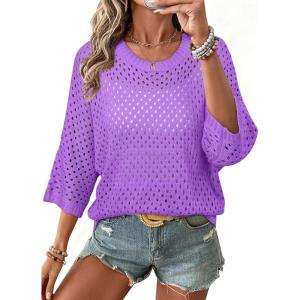 image:imageSHEWIN Womens Sweaters Crew Neck 34 Length Sleeve Crochet Tops Knit Beach Cover Ups Spring Outfits for WomenWisteria