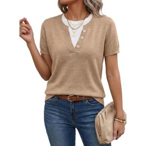 image:imageSHEWIN Womens Sweaters Short Sleeve Color Block Tops Lightweight Summer Spring Shirts Business Casual PulloversApricot