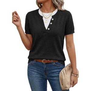 image:imageSHEWIN Womens Sweaters Short Sleeve Color Block Tops Lightweight Summer Spring Shirts Business Casual PulloversBlack