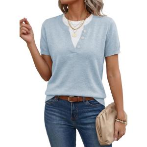 image:imageSHEWIN Womens Sweaters Short Sleeve Color Block Tops Lightweight Summer Spring Shirts Business Casual PulloversBlue